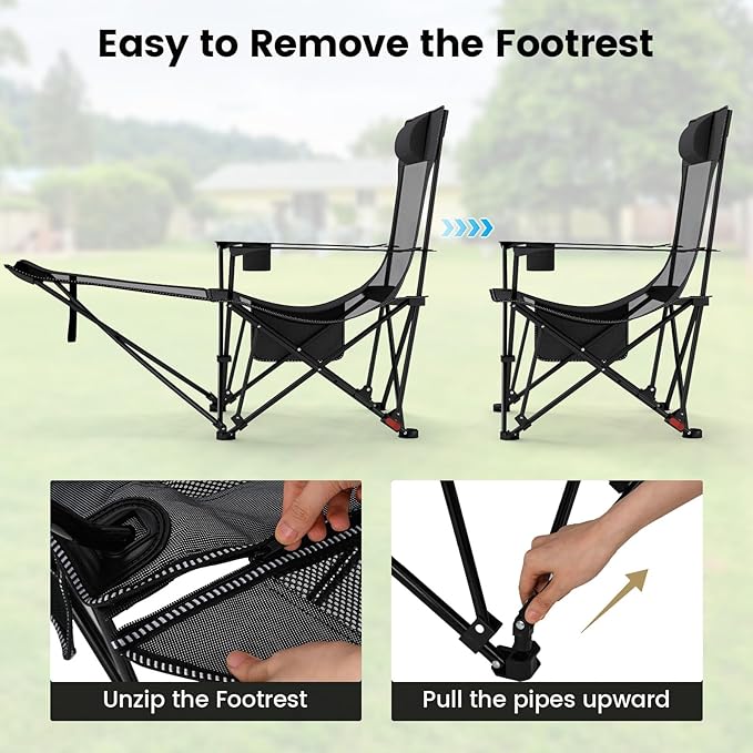 GYMAX Reclining Camping Chairs with Footrest Lightweight Foldable Camping Chairs with Cup Holders Adjustable Backrest Headrest Heavy Duty Camp Chair for Adult Outdoor Fishing Beach (Grey2)