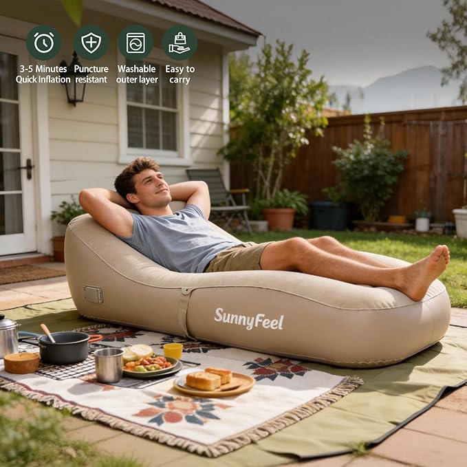 SUNNYFEEL Inflatable Lounge Chair with Built-in Pump Heavy Duty PVC Flocked Inflatable Sofa for Adults Portable Air Lounger for Camping Beach Home &amp OutdoorBeige