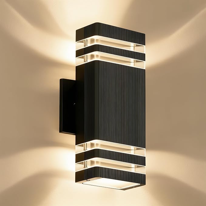 Outdoor Wall LightsSquare Aluminum Up and Down Exterior Lighting Fixtures Wall Mount with 2 * 7W LED Bulbs 3000K Waterproof Outdoor Lights for House Porch Patio Garage Black