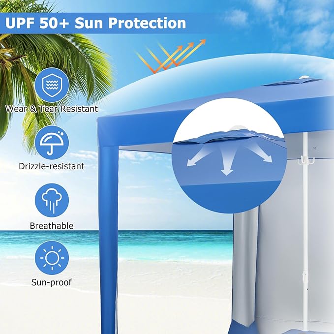 Tangkula 6.6x6.6 Ft Beach Cabana Portable Beach Canopy with Detachable Sidewall 5 Sandbags 2 Cup Holders Sand Anchor UPF 50+ Sun-Protection Outdoor Beach Umbrella Shelter with Carrying Bag