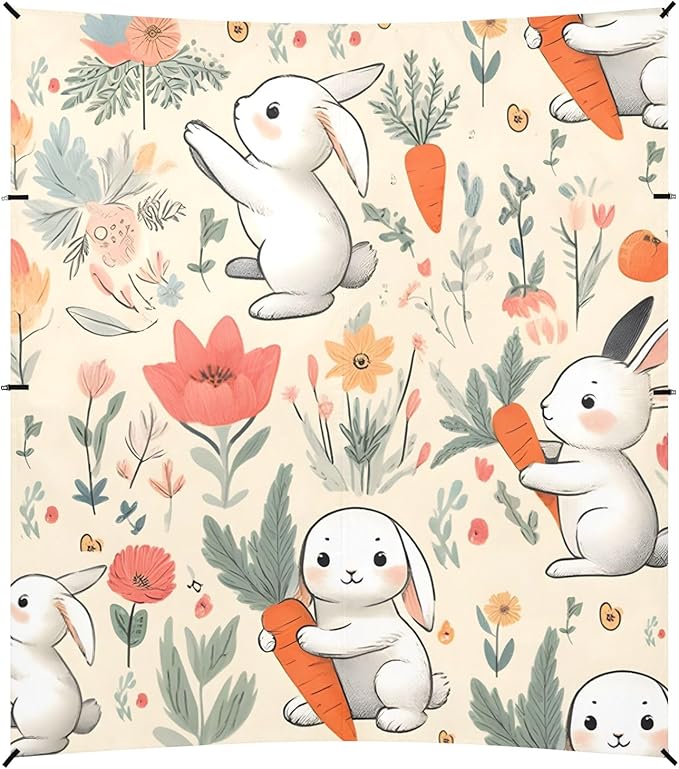 Rabbit Animal Cartoon with Carrot Flower Camping Sun Shelter Beach Tent Portable Beach Sun Shade Outdoor Canopy for Camping Trips Fishing Picnic