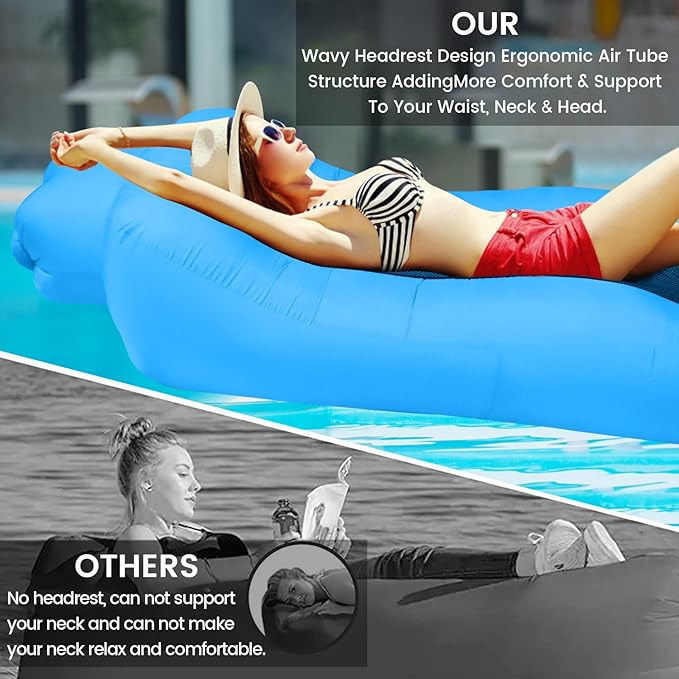 ele ELEOPTION Outdoor Inflatable Camping Couch Waterproof Portable Blow Up Air Sofa Chair Lounger for Backyard Beach Traveling Camping with Compression Sacks (Blue)