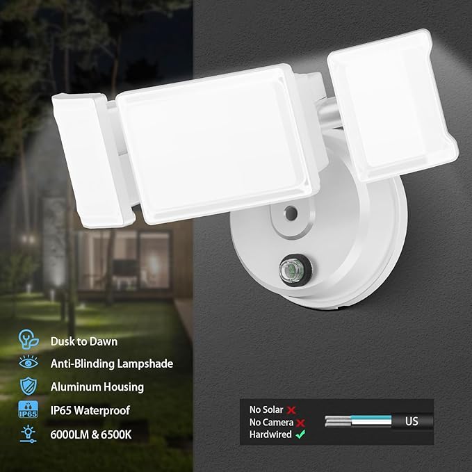 Olafus 60W Flood Lights Dusk to Dawn Outdoor Lighting IP65 Waterproof LED Security Light with Photocell 6000LM Dusk Dawn Outside Light 6500K White Exterior Floodlight for Yard Garden Porch