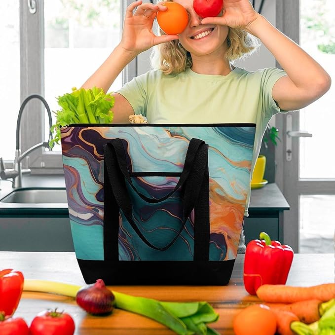 Insulated Shopping BagLarge Reusable Cooler Bags Colourful Marble Printed Foldable Shopping BagTravel Waterproof Shoulder Bag