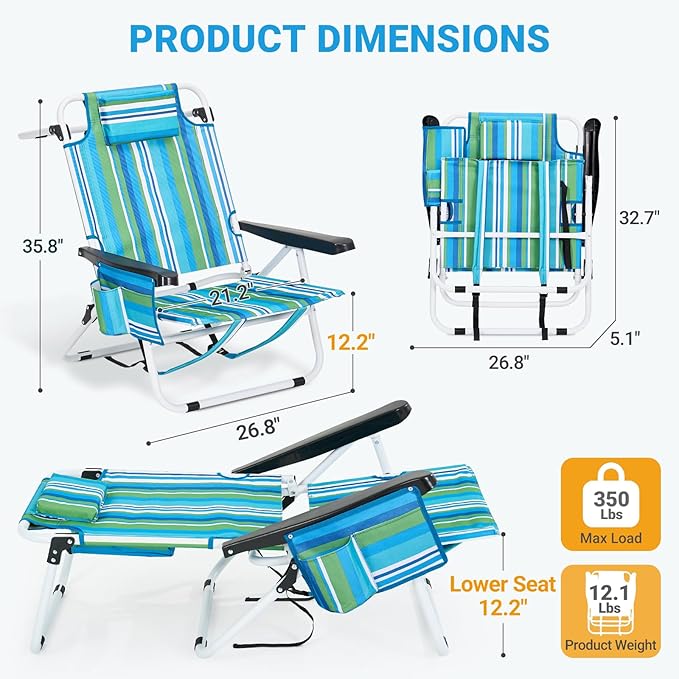 Beach Chair for AdultsPortable 5 Position Backpack Beach Chair Reclining Lay Flat Lightweight Folding Camping Chair w/Large Cooler PouchSupport to 350LBSBlue Low Hight