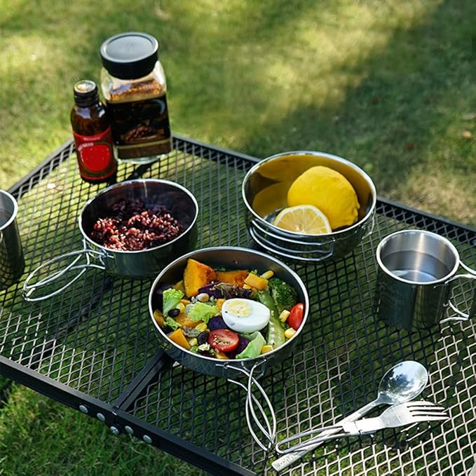 5pcs Stainless Steel Camping Pot and Cups Set Outdoor Picnic Cookware with Frying Pan Heat-Resistant Mess Kit for Hiking Fishing and Mountaineering