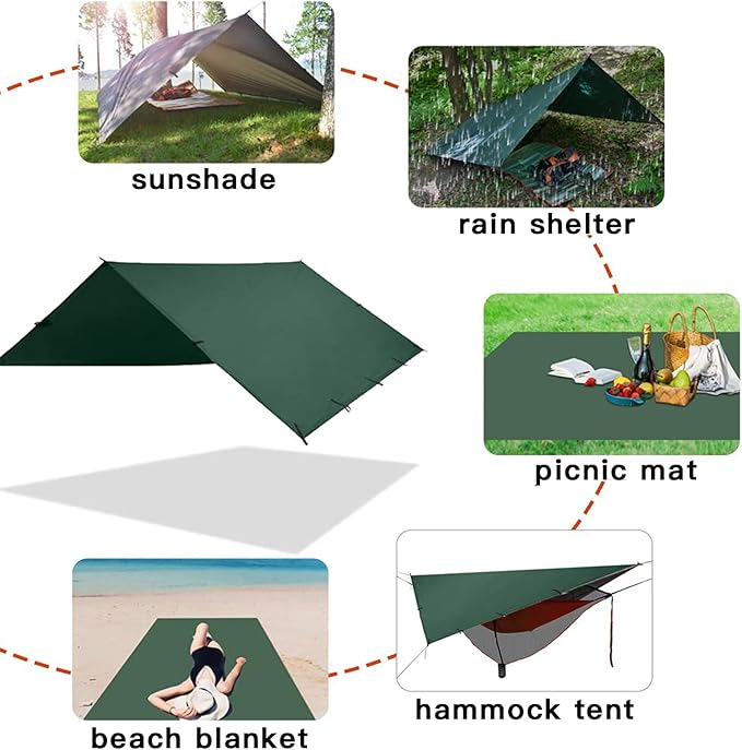 KALINCO Waterproof Camping Tarp 10X12FT Hammock Rain Fly Tent Tarp Multifunctional Tent Footprint Lightweight and Compact for Backpacking Hiking (Green-10X12FT)
