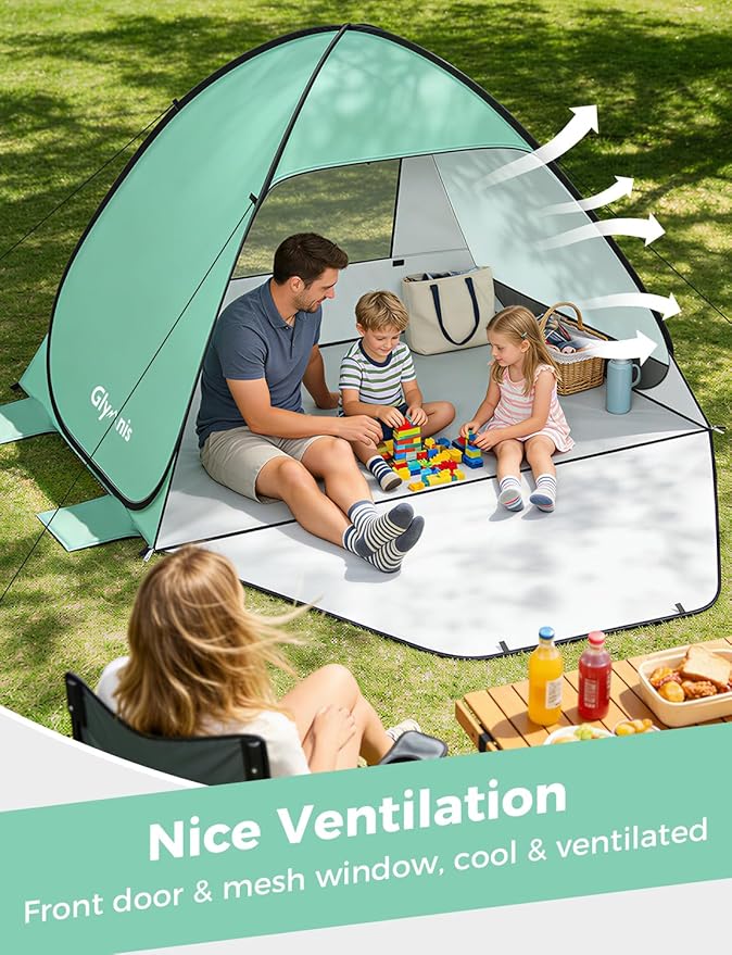 Glymnis Pop Up Beach Tent Beach Shade Tent for 1-4 Persons Sun Shelter UPF 50+ Enclose Zipper Door Portable Easy Up Beach Tent