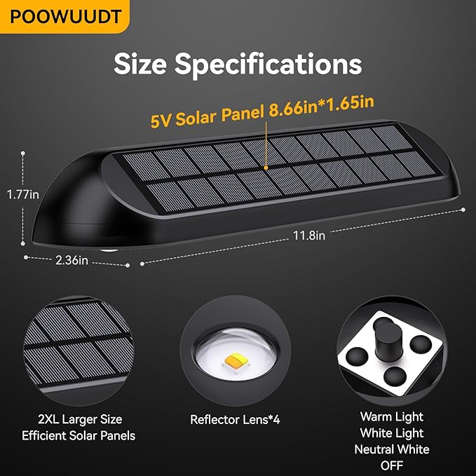 11.81inch Solar Fence Lights Outdoor Waterproof 3-Mode (3000K/4000K/6000K)4 LED with Upgraded High-Efficiency Solar Panel &amp Wide Beam for Backyard/Patio/Deck/Step/Home Improvement(4 Pack)