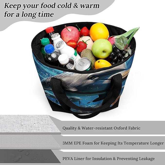 Insulated Shopping BagLarge Reusable Cooler Bags Dolphins Printed Foldable Shopping BagTravel Waterproof Shoulder Bag