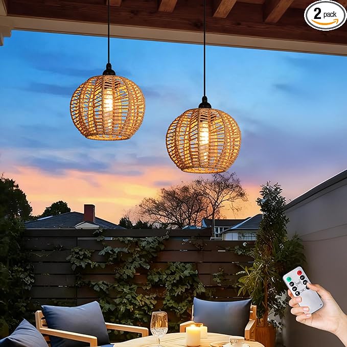 Battery Operated Chandelier 2Pack Hanging Gazebo Lights Cactus Shape Boho Rattan Pendant Lights Outdoor Waterproof for Patio Tree Pergola Porch and Indoor Decor