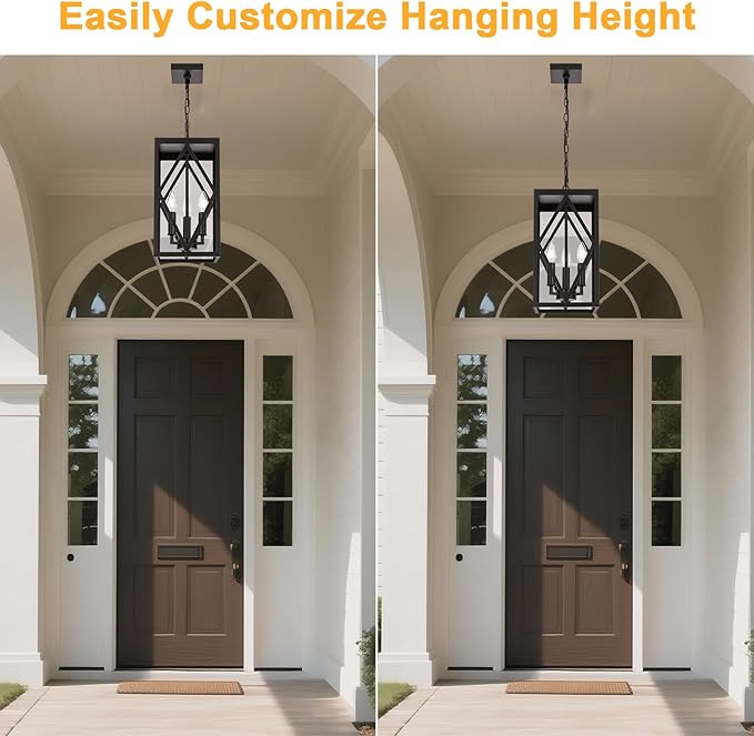 15.7'' Outdoor Pendant Lighting Fixtures 3-Light Outdoor Chandelier Oil Rubbed Bronze Exterior Hanging Porch Light Fixtures w/Glass Shade Outside Pendant Lantern for Front Porch Balcony Foyer