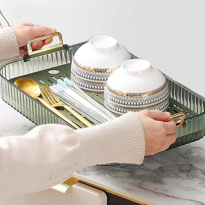 flexman Drainable Storage Tray Double Layers Efficient Draining Drain Tray with Portable Handle 2 Tier Non Slip Serving Tray Cup Dish Drying Rack for Sink Coffee Table
