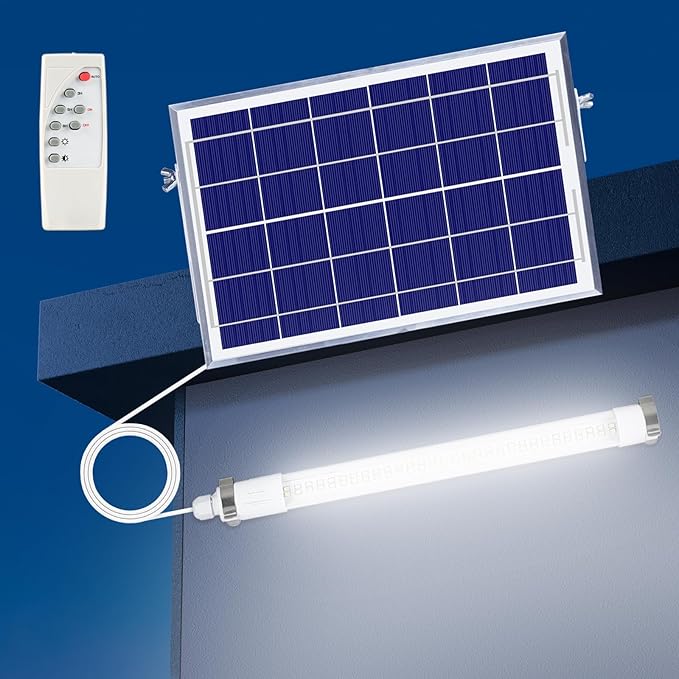 MEIHONG Solar Powered Shop Light with Dusk to Dawn Sensor IP65 Waterproof Outdoor Shop Light Solar Indoor Lights with Timer &amp Remote for Garage Barn House Coop - Daytime Available