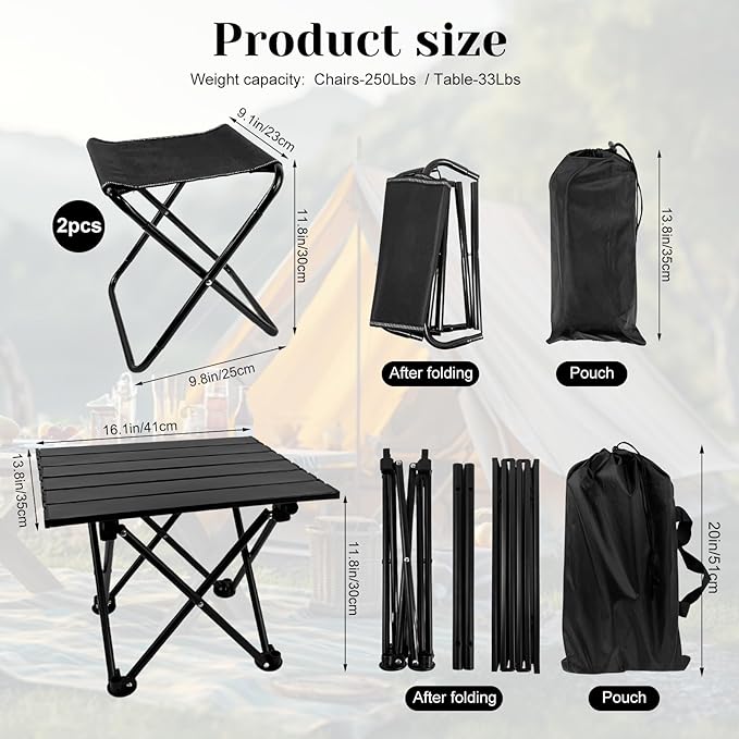 Folding Camping Table with Chairs Lightweight Picnic Table and 2 Chairs for Beach Hiking Travel Fishing BBQOutdoor Sturdy Table and Chairs Set with Storage Bags