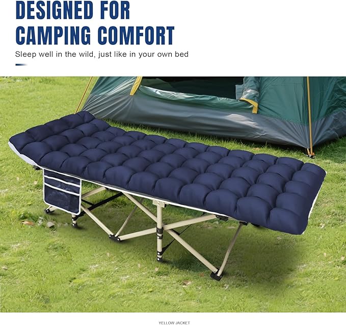 YELLOW JACKET Camping Cot with Mattress for Adults Folding Sleeping Cot 600lbs Max Load Portable Camping Cot with Carry Bag 28 Wide Cot for Camping HomeOfficeTravel (Blue)