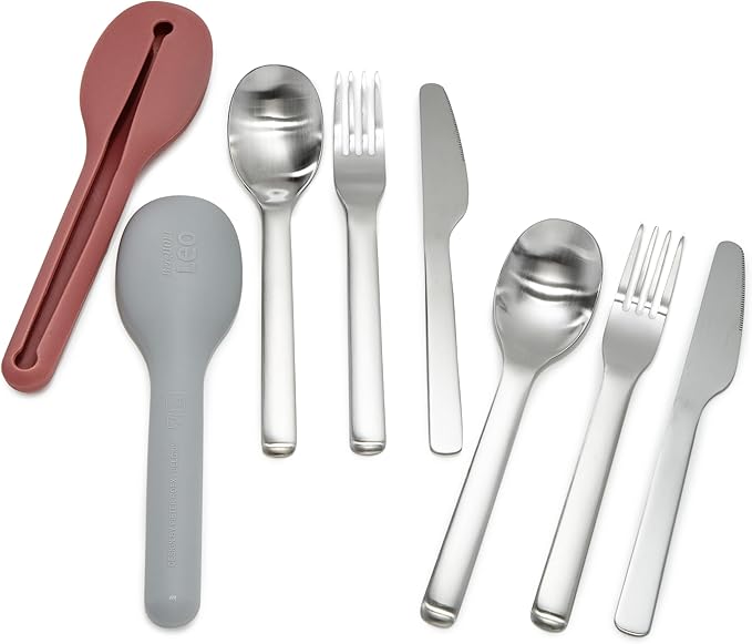 BergHOFF Leo 18/10 Stainless Steel 4Pc Reusable Travel Flatware Set Knife Spoon Fork Sleeve with Silicone Sleeve Dishwasher safe Grey