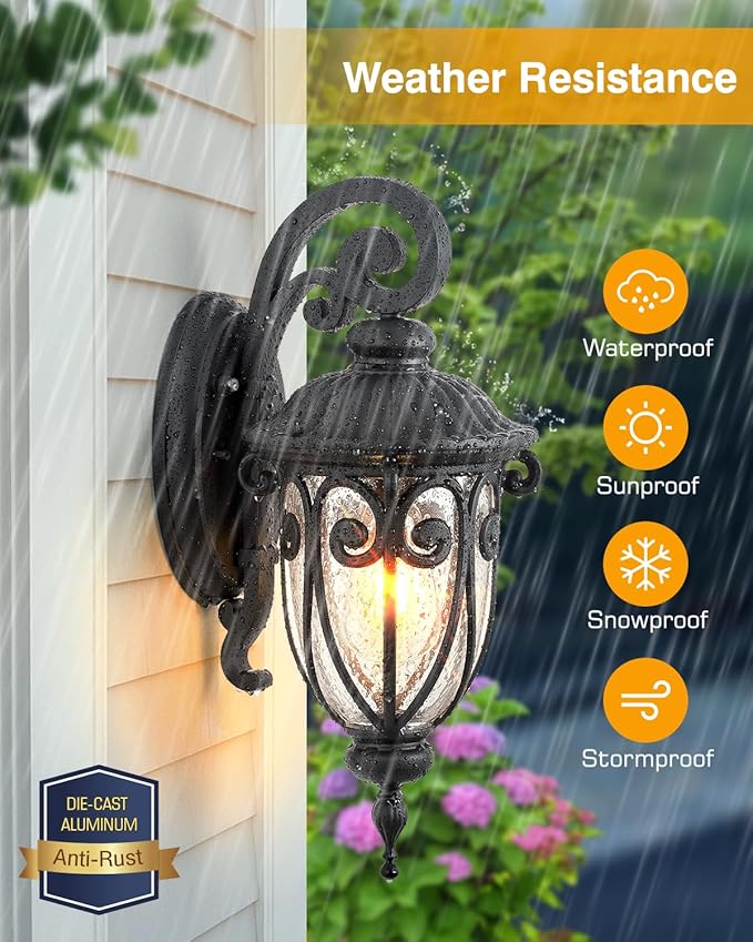 VIANIS Outdoor Lights for House Dusk to Dawn Black Porch Lights Waterproof Outdoor Light Fixture with Seed Glass Exterior Lighting Fixtures for House Doorway PorchGarage