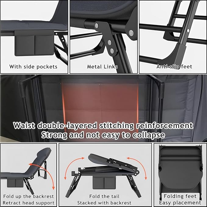 Portable Outdoor Folding Lounge Chair with Adjustable Sleeping Cot Dark Gray Chaise Lounge Chair for Beach Lawn Camping Pool Sun Tanning