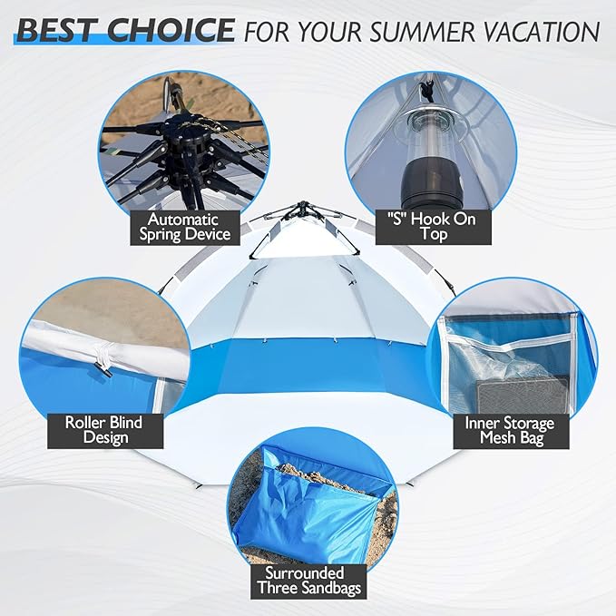 6 Person Large Instant Pop Up Beach Tent UV Protection Portable Easy Setup Sun Shade Shelter for Whole Family Extended Floor with 3 Ventilating Mesh Windows for Outdoor Camping Fishing