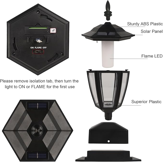 Dynaming Solar Flame Post Lights Outdoor Solar Powered Lamps Fence Post Cap Lights Flickering Flame LED Lantern Decorative Waterproof for Garden Deck Patio Fit 4x4 5x5 or 6x6 Wooden Posts 6 Pack