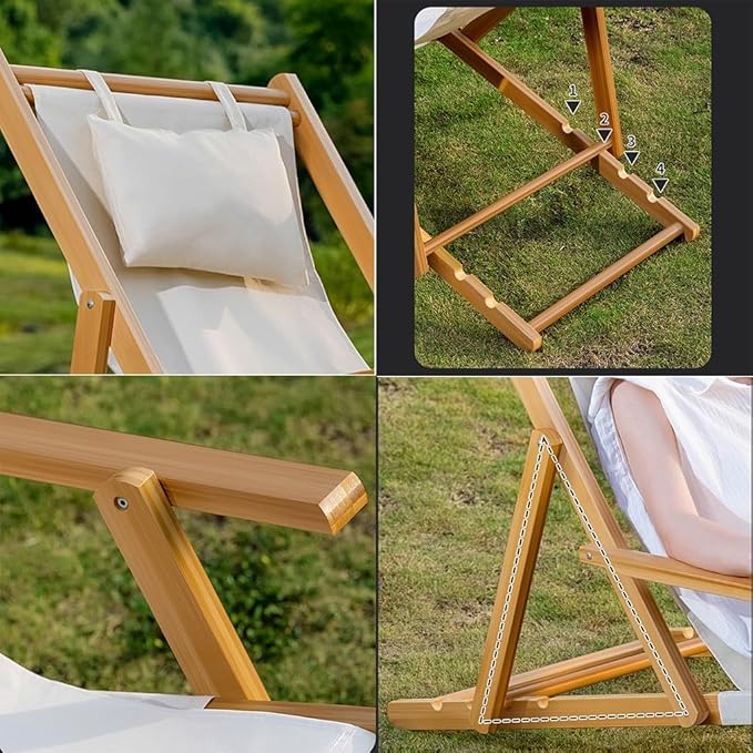 MOOTEK Wood Portable Reclining Beach Chair 4 Level Height Adjustable Reclining Chairs with Wood Frames and Cushioned Headrest for Indoor Outdoor Garden Backyard Poolside