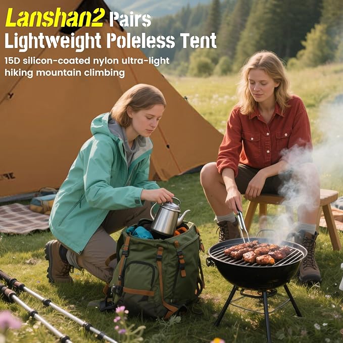 3F UL GEAR Lanshan 2 Person Tent Hiking Ultralight Camping Tent Professional 15D Silnylon Rodless Trekking Pole Tent Waterproof Backpacking Outdoor for Camping Bivvy