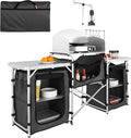 VEVOR Camping Kitchen Table Folding Outdoor Cooking Table with Storage Carrying Bag Aluminum Cook Station 3 Cupboard &amp Detachable Windscreen Quick Set-up for Picnics BBQ RV Traveling Black