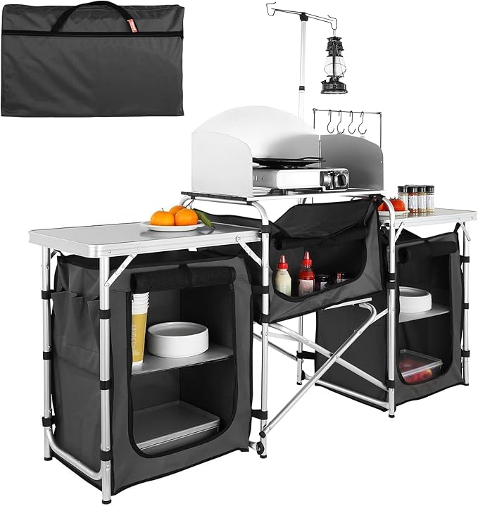 VEVOR Camping Kitchen Table Folding Outdoor Cooking Table with Storage Carrying Bag Aluminum Cook Station 3 Cupboard &amp Detachable Windscreen Quick Set-up for Picnics BBQ RV Traveling Black
