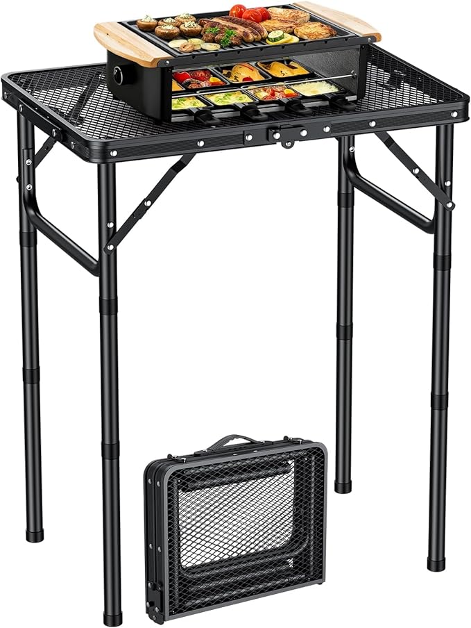 EYPINS 2ft Folding Grill Table with 3 Adjustable Heights Max 27.6''Aluminum Heat-Resistant Cooking Camping TableLightweight Portable Side Table with Handle for Outside Patio BBQBlack 22.8''x15.7''
