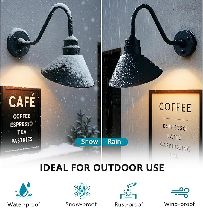 AGB101-AA9-Black Barn Lights Outdoor Fixture with Gooseneck Lamp - Classic Gooseneck Light Dome | Wall Mount RLM Design for Patios Gardens Entryways Garages and Exterior Home Lighting
