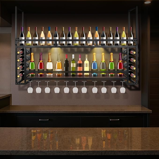 Wall Mounted 2 -Tiers Bottle Display Rack Hanging Shelf Simple Type with Large Bottles Display Shelf for Bar Restaurant Indoor