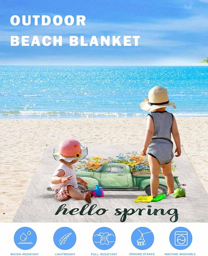 Beach Blanket Waterproof Sandproof OversizedHello Spring Green Truck Flower Beach Mat with Corner Stakes Sand PocketsWatercolor Floral Art Outdoor Picnic Mat for Travel Camping Hiking118x108In