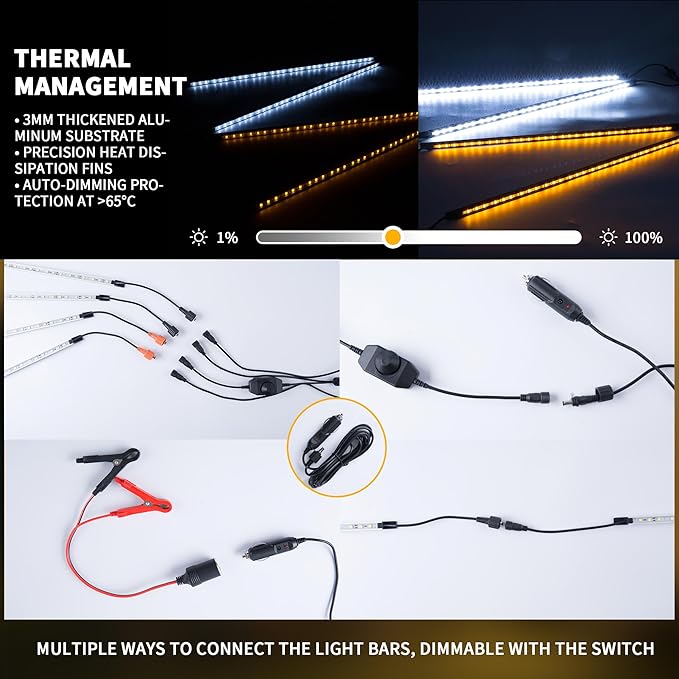 12V LED Light Bar Kit 2 Bars White &amp 2 Bars Amber Adjustable Brightness RV Camping Lights - Waterproof IP67 Magnetic &amp Velcro Mount Portable Lighting for Tent Car Trailer Boat Truck Of