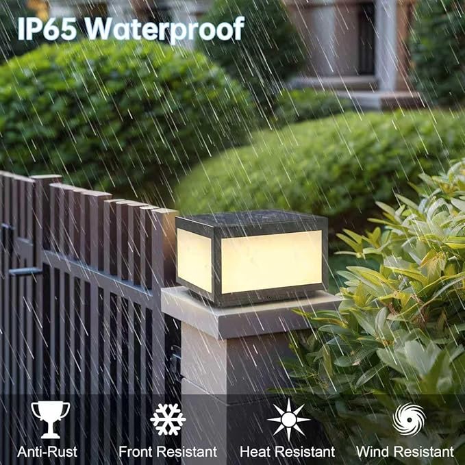 Solar Post Lights Outdoor Pillar LightSolar Cap Column Lighting LED Square Deck Cap Lamp for Flat Surface Patio Garden Decoration Stainless Steel Lamp Post Dusk to Dawn with IP65 Waterproof（10x10）