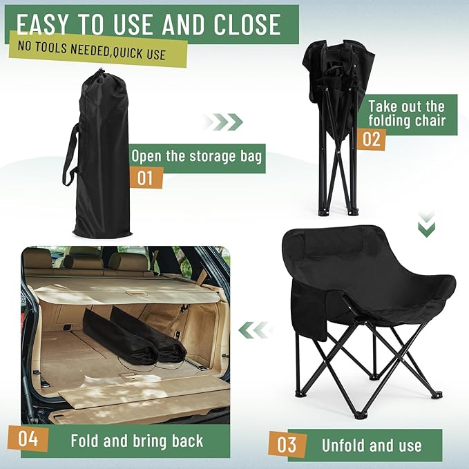 2 Pack Compact Camping Chairs Portable Folding for Outside with Carry Bag Lightweight Moon Chairs for Travel Picnic Hiking Beach Fishing 600D Oxford Supports 330lbs(Grey Black)