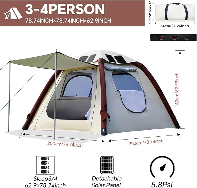 Automatic Inflatable Tent with Air Pump Family Tents for Camping Windproof Waterproof 3 Person Tent Easy Set Up in 2-3 Min Camping Essentials for Backyard Outdoor