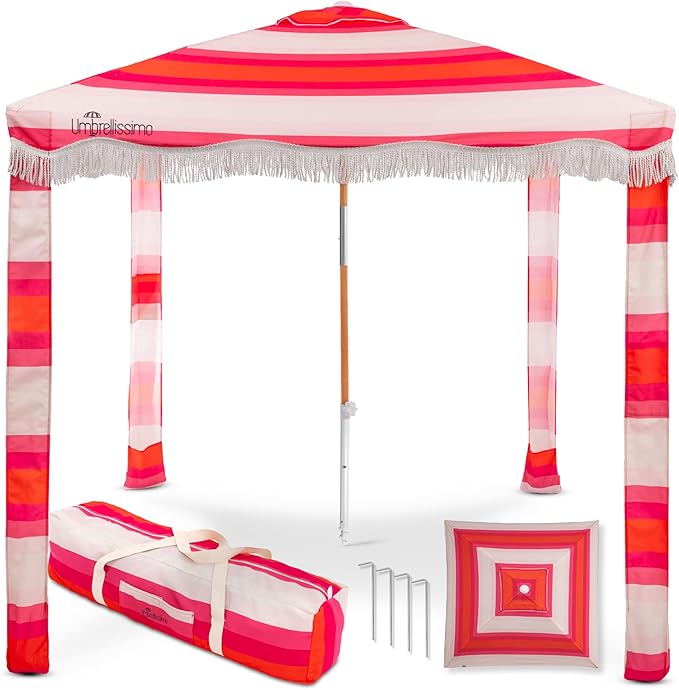 Premium Beach Cabana - Umbrellissimo Pink Ombre. Includes sand anchor canvas with designer prints &amp fringe finishes sand pockets pegs matching carry bag. Easy set up 6.6'x6.6' of cool UPF50+ s