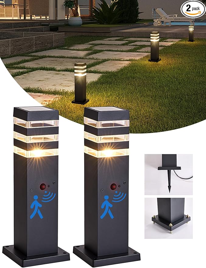 2Pack Motion Sensor Outdoor Floor Lamps Pathway Lights Dusk to Dawn Exterior Pillar Lamps Black Aluminum Poles Lights for Outside Modern Landscape Path Lamp for Patio Yard Garden Pathway Driveway