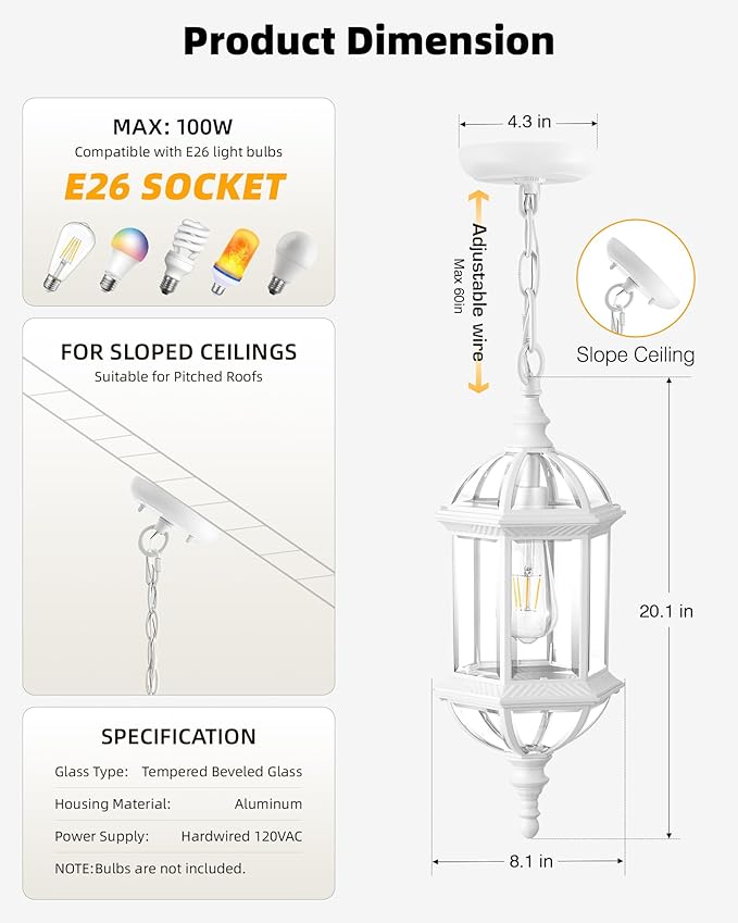 VIANIS Outdoor Hanging Lights White Outdoor Pendant Lights with Tempered Beveled Glass 20 Inch 1-Light Adjustable Outdoor Chandelier for Entryway Gazebo Waterproof and Anti-Rust 100% Aluminum
