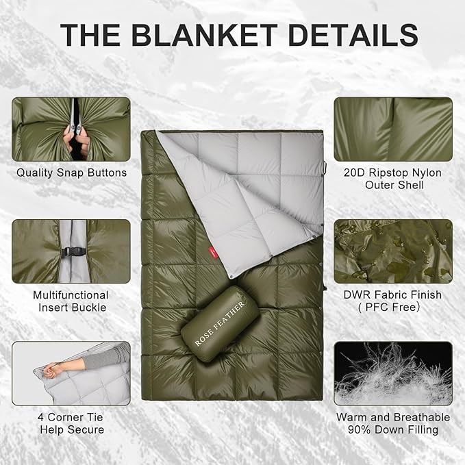 Down Camping Blanket - Lightweight Packable Warm &amp Puffy Outdoor Travel Quilt for Sleep Hiking Backpacking Stadium Festivals Water-Resistant Sleeping Bag 55x79