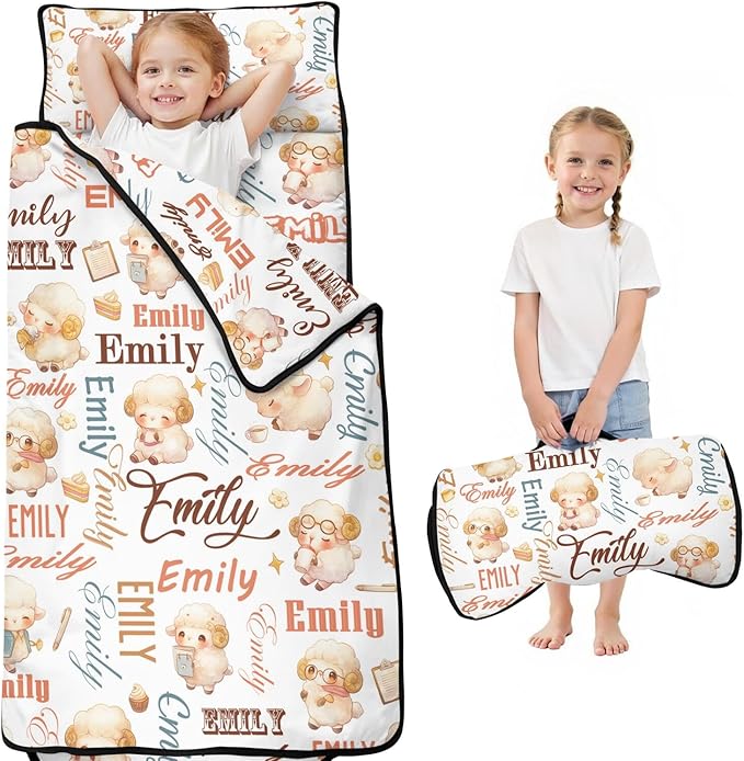 Custom Toddler Nap Mat with Name – Personalized Sleeping Bag for Kids with Pillow and Blanket Roll-Up Design