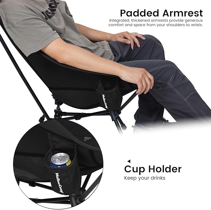 MellowCamp High Back Camping Chair Oversized Comfort Design Collapsible Camp Chair with Pillow (Black)