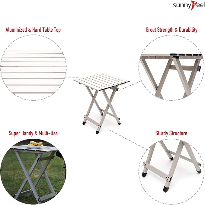 SUNNYFEEL Folding Camping Table - Lightweight Aluminum Portable Picnic Table 18.5L x 18.5W x 24.5H Inch for Cooking Beach Hiking Travel Fishing BBQ Indoor Outdoor Small Foldable Camp Tables