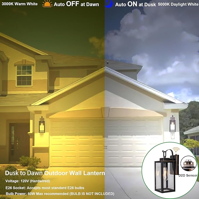 GRUENLICH Dusk to Dawn Outdoor Wall Lantern Wall Sconce for Porch Lighting Fixture E26 Base Max 60W Metal Housing Plus Glass Oil Rubbed Bronze Finish Bulb Not Included 1-Pack