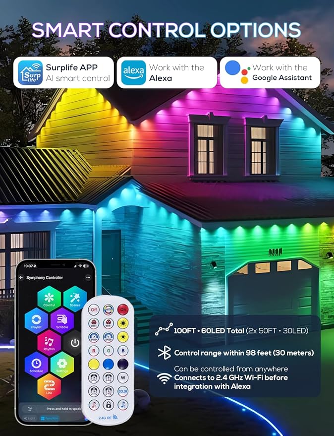 Permanent Outdoor Lights for House 100ft AI Smart Eave Lights with 60 LED Lights 66 Scene Modes with App/Remote Control for Christmas Decor IP67 Waterproof Compatible with Alexa Google Assistant