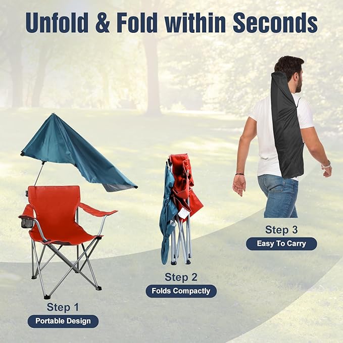Foldable Beach Chair with Shade Canopy Camping Chair with Cup Holder and Carry Bag for Outdoor Camping Hiking Beach Picnic 220.5LBS (Red)