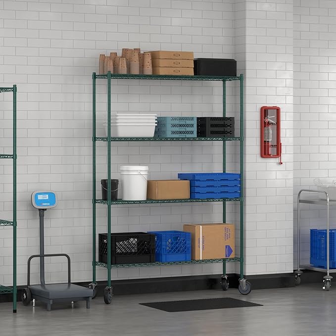 Commercial NSF Listed Green Epoxy Mobile Wire Shelving Kit 14 x 54 x 80 with 4 Shelves Perfect for Warehouse Walk-in Refrigerator Freezer Grocery Store Restaurant Dishroom