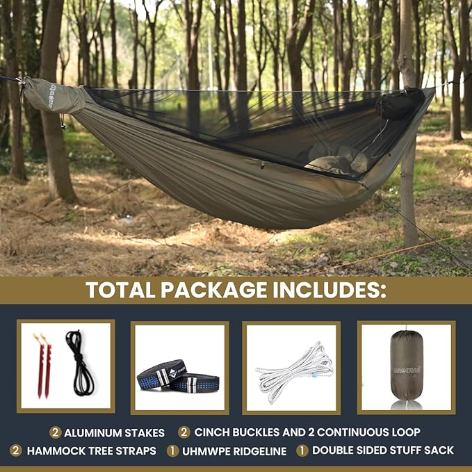 Onewind 11ft Camping Hammock with Mosquito Net and Structure Ridgeline Lightweight Portable Hammock with 12ft Tree Straps Ideal for Outdoor Hiking Backpacking OD Green