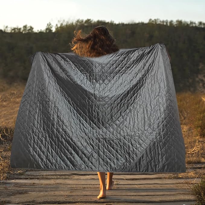 Large Outdoor Waterproof Blanket-Quilted Extra Thick Fleece Windproof Warm Includes Stuff Sack Shoulder Strap Machine Washable55x78-Grey